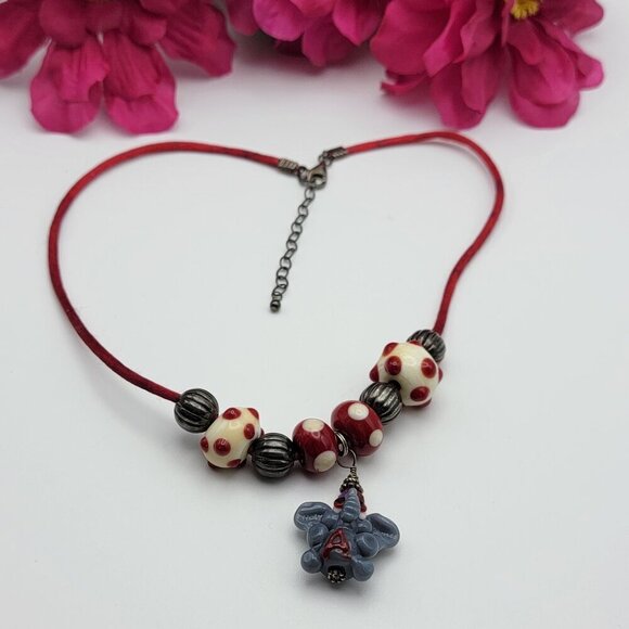Jewelry - SX 925 Thai Polka Dot Glass Bead Letter A Elephant Pendant Cord Necklace 18" Adj
